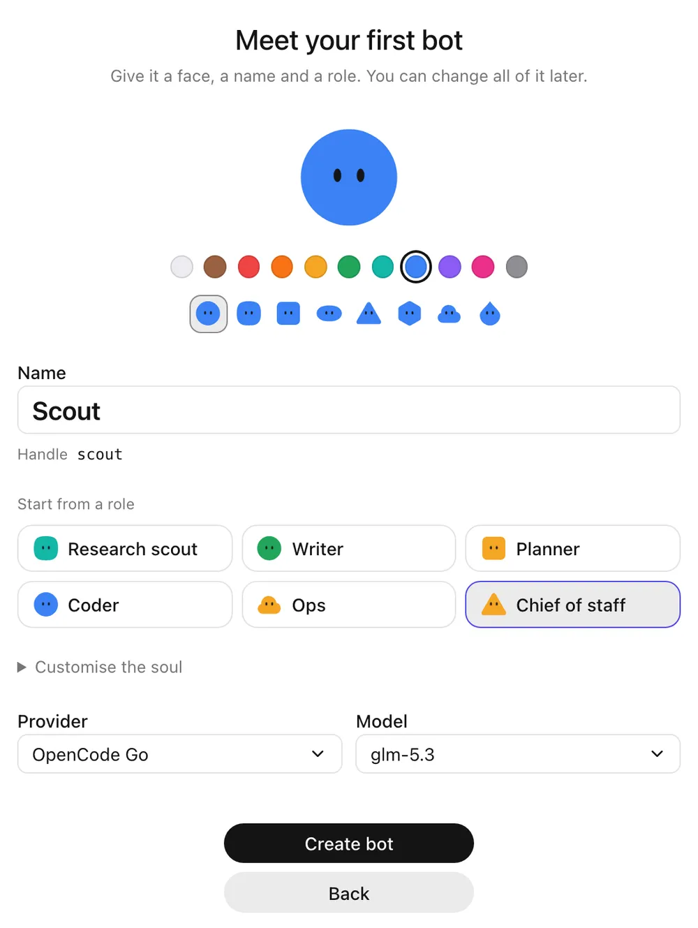 The bot builder: a blue round face named Scout with the Chief of staff role selected.