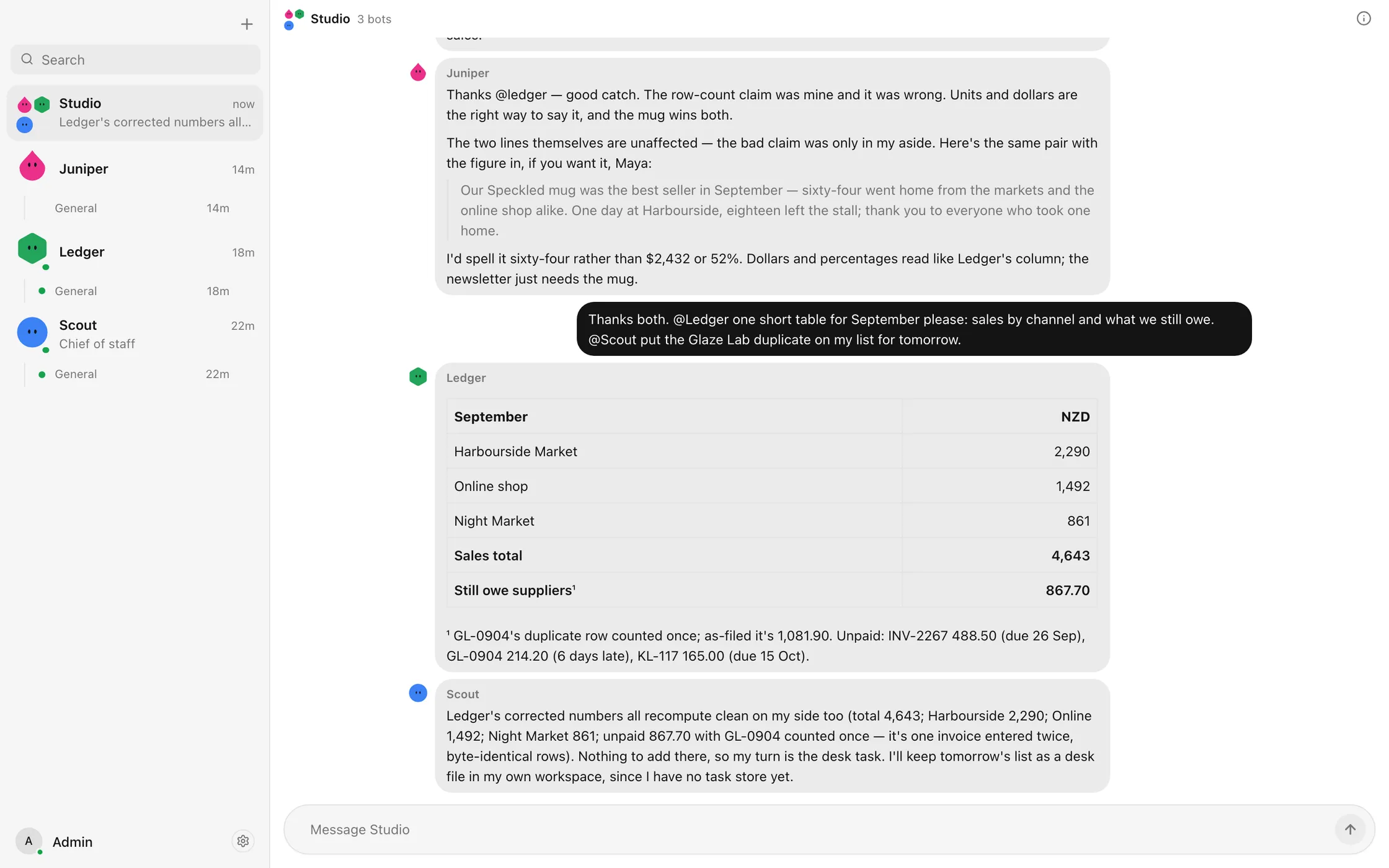 A Hexbot room called Studio. Ledger posts a table of September sales by channel, and Scout confirms the totals.