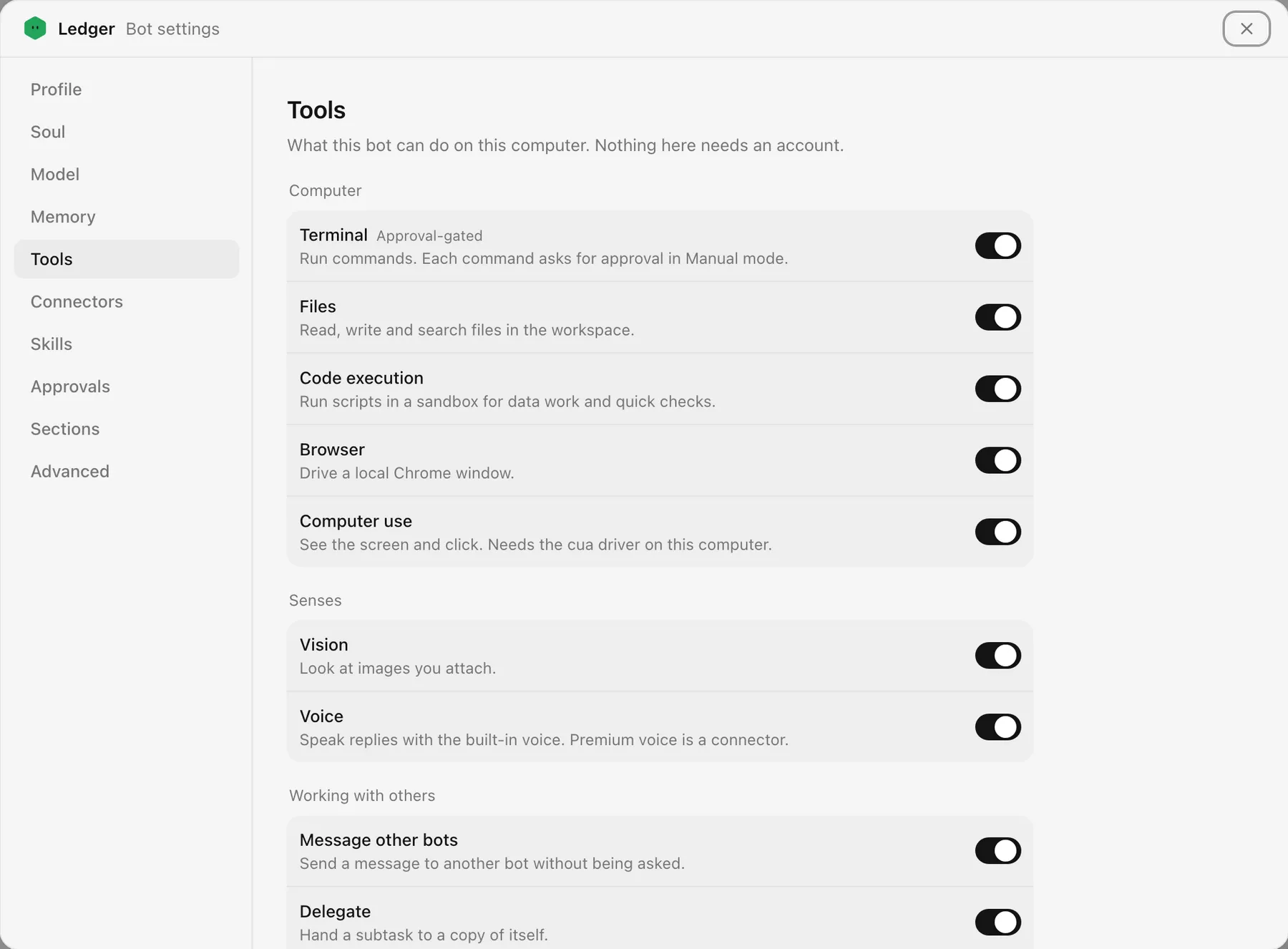 Ledger's Tools settings in Hexbot: Terminal, Files, Code execution, Browser, Computer use, Vision, Voice, Message other bots, and Delegate, each with a switch.